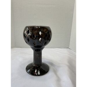 Vintage Ceramic Chalice Candle Holder Diamond Cutouts Brown Oil Spot Glaze 8.5in